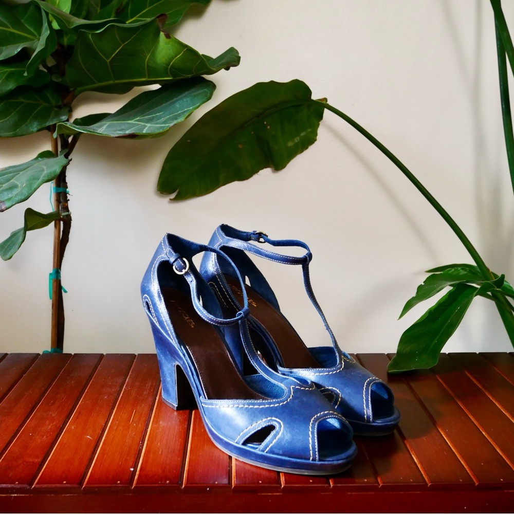 Blue Peep Toe Leather Heels